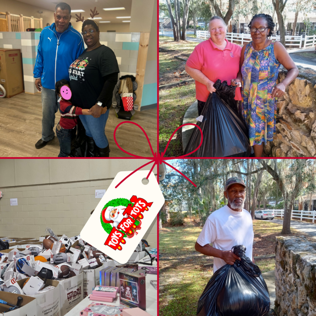 ID: This is a collage of four images from a Toys for Tots event, showcasing community engagement and generosity during the holidays:

Top Left: A man in a blue jacket and a woman wearing reindeer antlers stand with a young child. They are indoors near donation boxes, exuding holiday cheer.
Top Right: Two women, one in a pink polo shirt and the other in a colorful dress, smile together outdoors. One of them holds a large black bag filled with donations.
Bottom Left: A table filled with donated toys, including sports balls, boxed games, and other gifts, is neatly organized in an indoor space.
Bottom Right: A man wearing a white shirt and cap holds a black bag filled with donations while standing outdoors in a serene, tree-lined area.
The collage is tied together with a red ribbon and features a gift tag with the Toys for Tots logo, including Santa’s face and a festive wreath. The images collectively highlight the joy of giving and the sense of community fostered by this event.