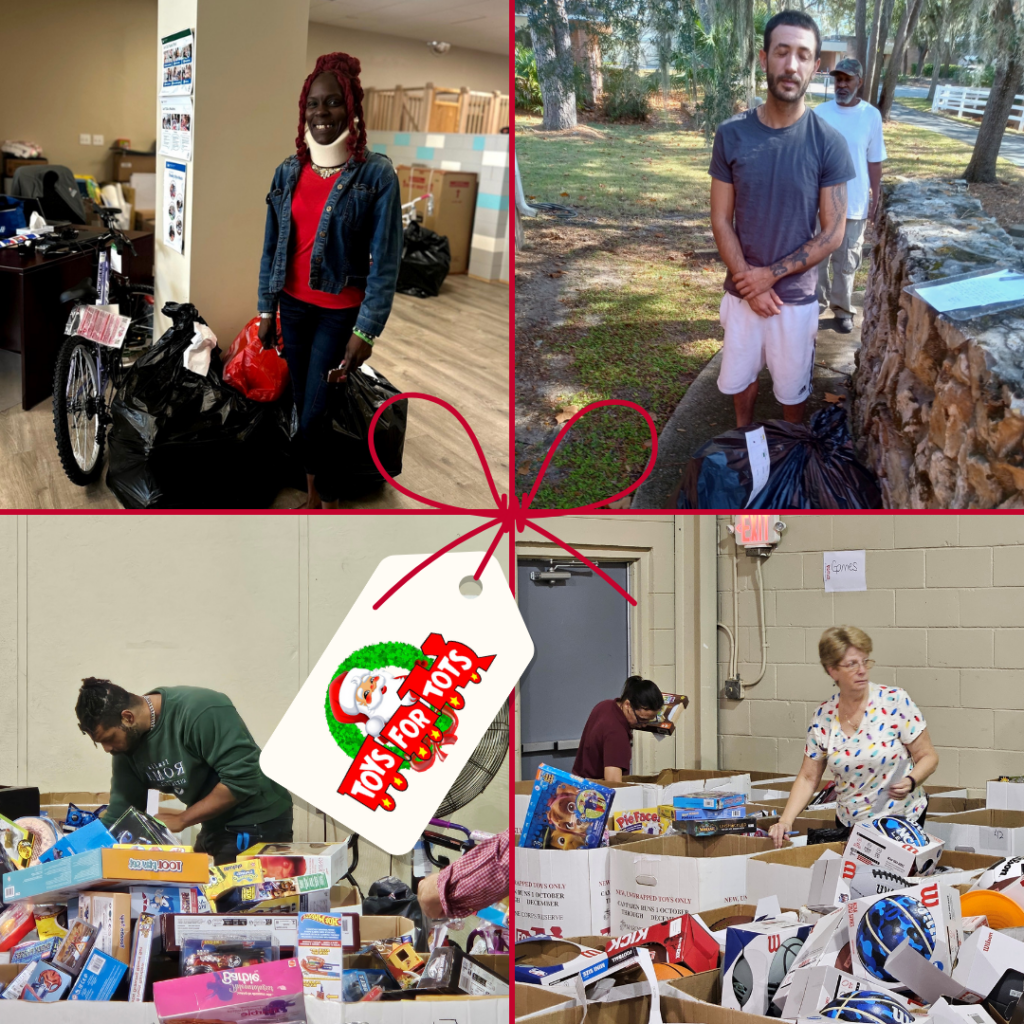 ID: This is a collage of four images highlighting a Toys for Tots event, featuring volunteers and donations:

Top Left: A woman with red hair and a bright smile stands indoors holding black bags of donations, with a bicycle and more gifts visible in the background.
Top Right: Two men outdoors, one standing near a stone wall and holding donation bags, and another in the background walking towards him. The setting is surrounded by trees, giving it a serene feel.
Bottom Left: A volunteer in a green sweatshirt sorts through a large collection of colorful toys, including board games and boxed gifts, on an indoor table.
Bottom Right: A woman in a patterned shirt helps organize toys into labeled boxes, while another person works nearby. The toys include sports equipment and games.
The collage is decorated with a red ribbon and a gift tag featuring the Toys for Tots logo, including Santa’s face and a festive wreath. The images emphasize the spirit of giving, teamwork, and community involvement.