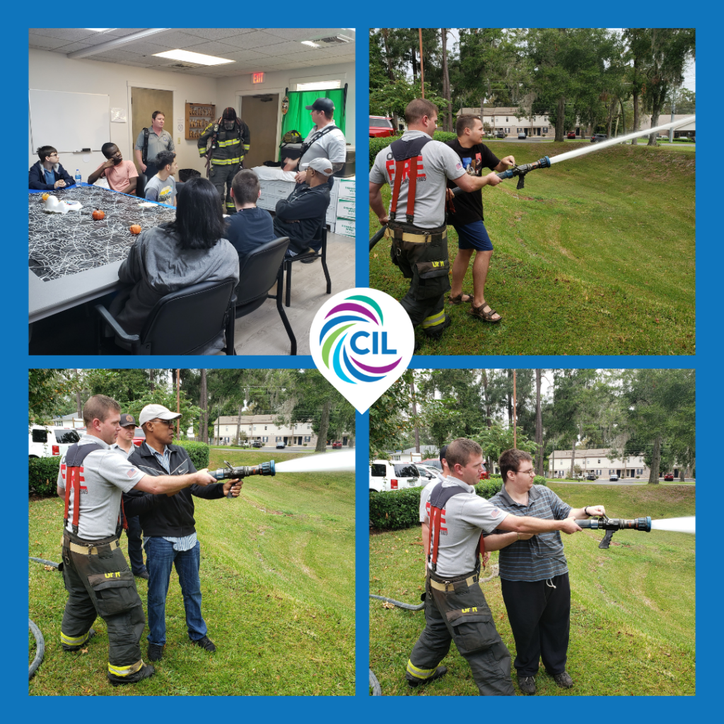 This image is a collage of four photos surrounded by a blue border with the "CIL" logo at the center, representing the Center for Independent Living.

Top Left: A classroom setting where a firefighter is standing and engaging with a group of individuals seated around a table. The table has snacks, drinks, and a decorative tablecloth.
Top Right: Outdoors, a firefighter assists a young person in holding and spraying a fire hose. They are standing on a grassy area with residential buildings visible in the background.
Bottom Left: Another outdoor scene where a firefighter helps a participant operate a fire hose. Both are smiling as they direct the water stream.
Bottom Right: A firefighter guides another participant in using the fire hose, with water spraying across the grassy lawn.
The collage highlights an educational and interactive experience between the fire rescue team and participants, fostering community engagement.