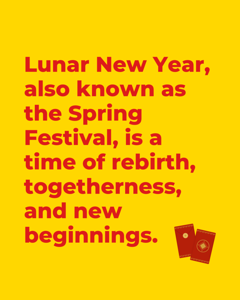 Bright yellow background with bold red text explaining Lunar New Year as a time of rebirth, togetherness, and new beginnings. Two red envelopes are illustrated in the bottom right corner.